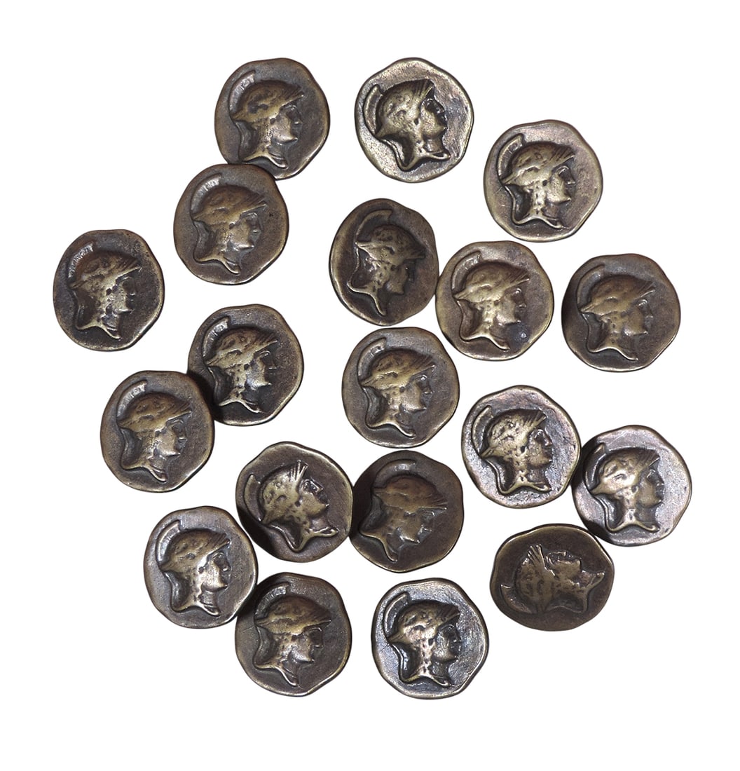 Greek Metal Buttons (19), bronze tone w/head of goddess Athena, after the ancient Greek coin minted: Greek Metal Buttons (19), bronze tone w/head of goddess Athena, after the ancient Greek coin minted in Athens during the Classical Period (480-323 BC), all in Exc cond, Dia 7/8 in.