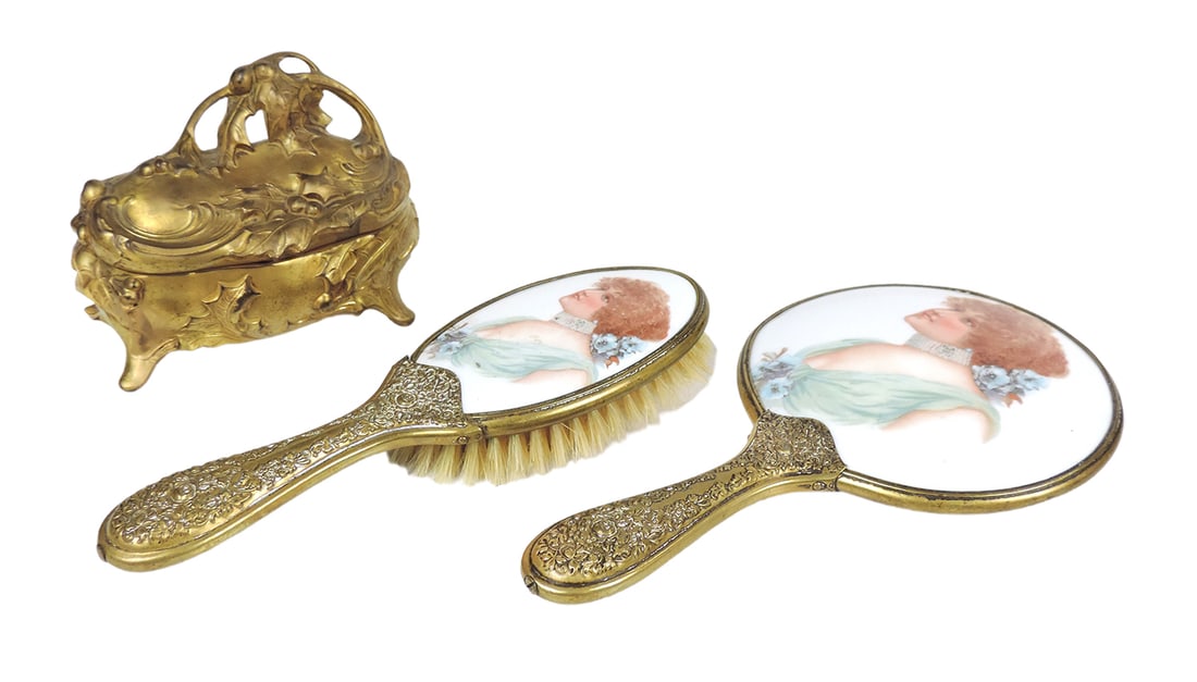 Victorian Vanity Items (3), Hand Mirror & Hairbrush, features repoussÃ© bronze handles w/f (1 of 3)