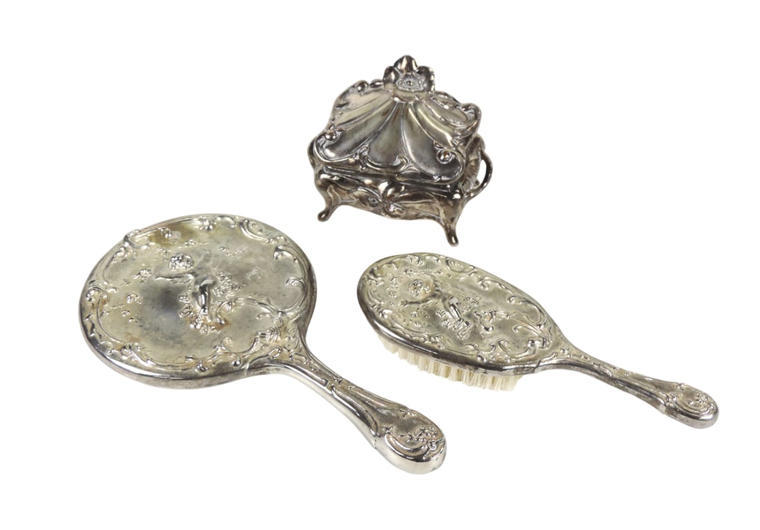 Victorian Vanity Items (3), Mirror & Brush, Art Nouveau, features an ornate design w/cherub/angel... (1 of 3)