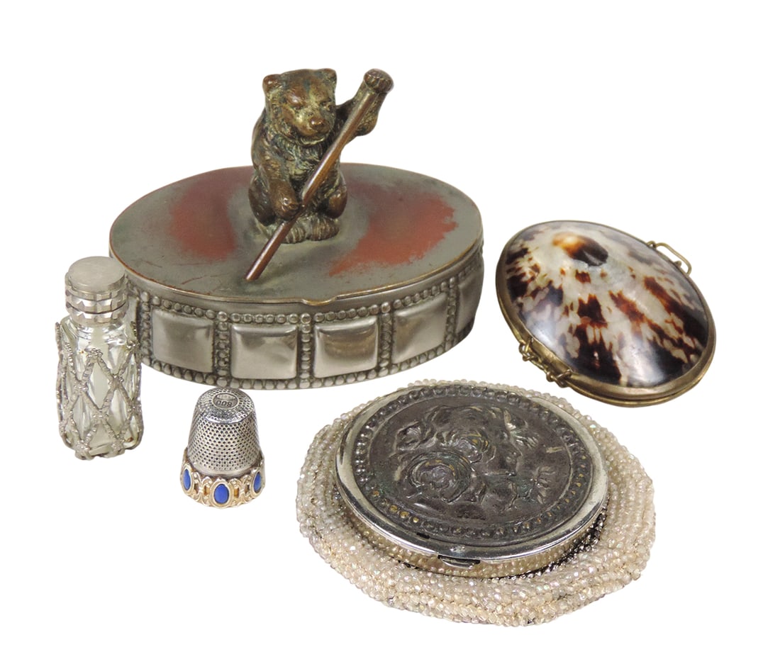 Victorian Vanity Items (5), Clam Shell Purse enclosed w/brass, Beaded Coin Purse, hinged metal li... (1 of 2)