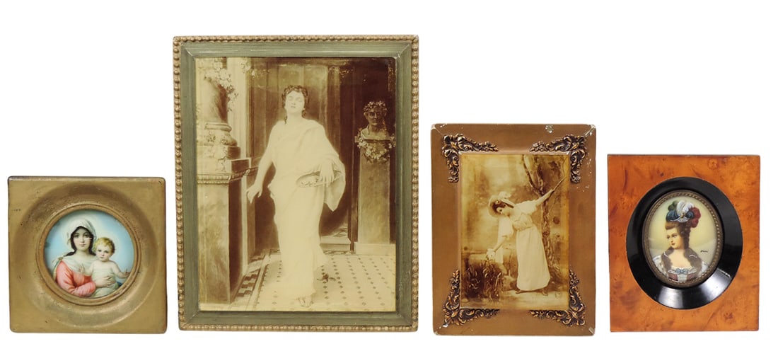 Victorian Framed Photographs & Painting (4), Victorian Lady painting on porcelain in wood frame, ... (1 of 1)