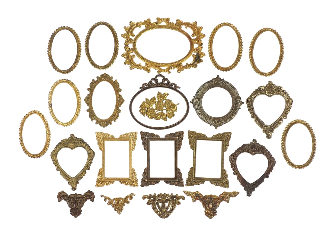 Victorian Filigree Embellishments (22), brass or bronze in various molded designs, early 1900's, VG: Victorian Filigree Embellishments (22), brass or bronze in various molded designs, early 1900's, VG cond w/minor age-related wear, up to H 8 x W 5.5 in.