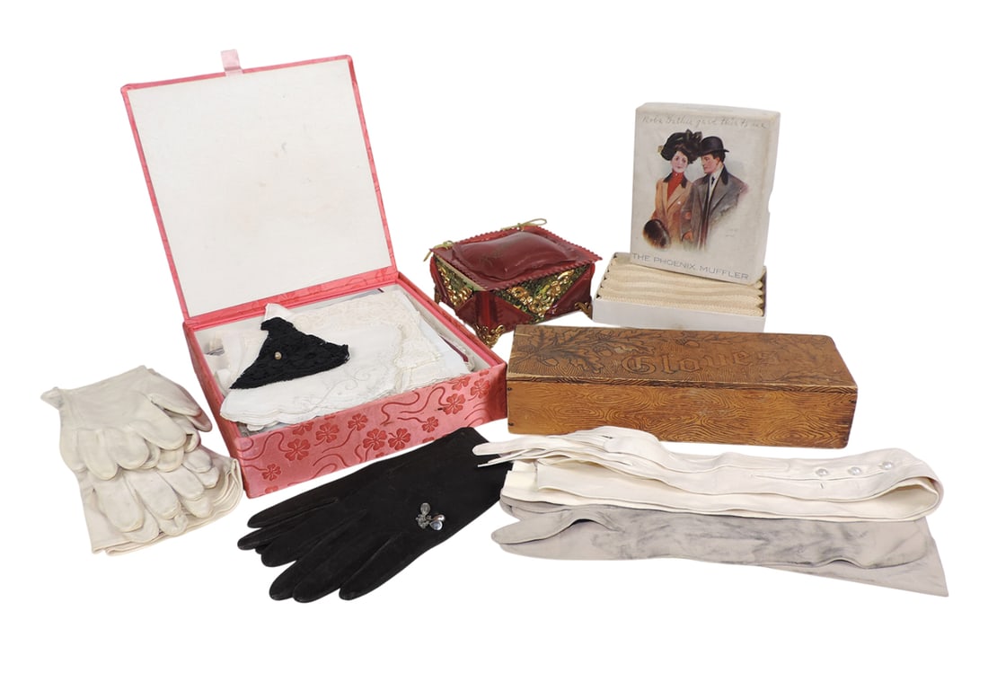 Victorian Woman's Glove/Storage Boxes (9), Handkerchief box, celluloid w/ornate brass pieces, wom... (1 of 1)