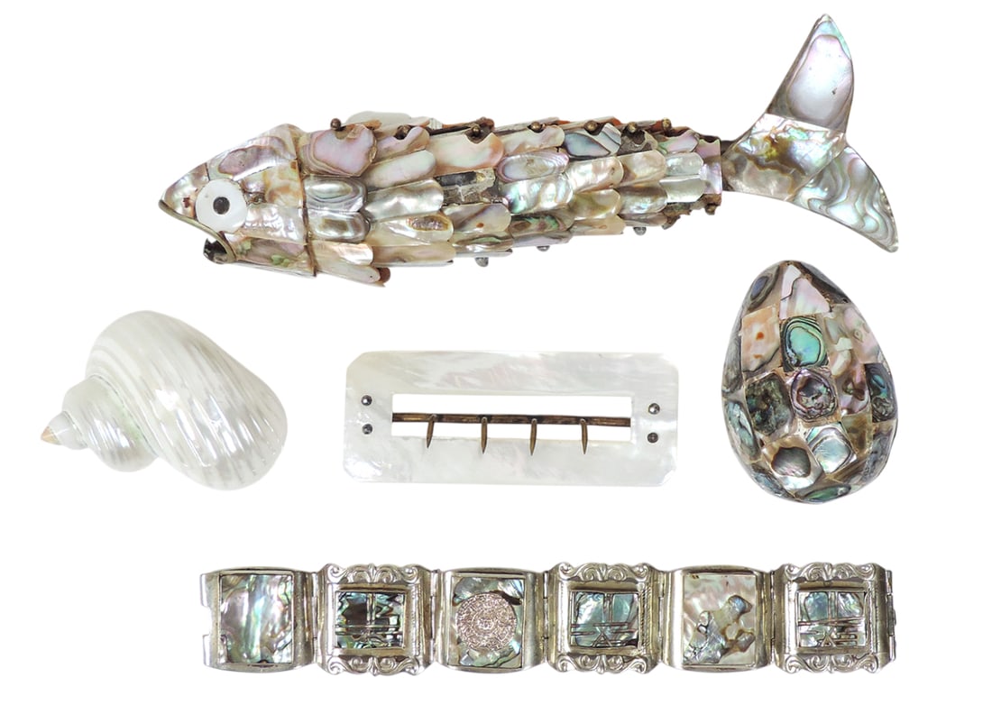 Abalone/Mother of Pearl Items (5), Abalone Articulated Fish Bottle Opener, Abalone Mayan Bracelet... (1 of 3)
