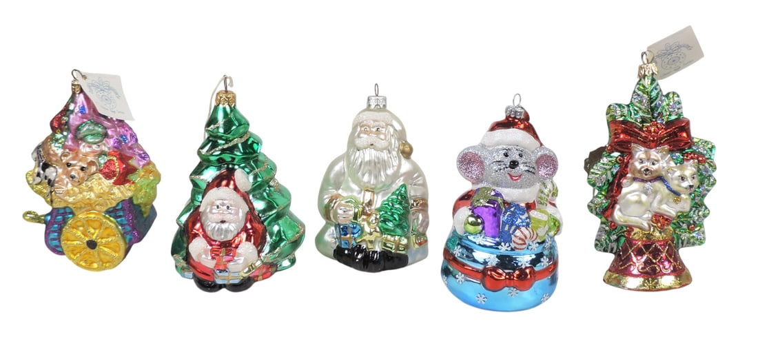Vintage Christmas Ornaments (10), glass in various shapes/sizes, featuring a mix of matte/glossy/...: Vintage Christmas Ornaments (10), glass in various shapes/sizes, featuring a mix of matte/glossy/glitter/gem embellishments, some have orig tags, Exc cond, up to L 16 in.