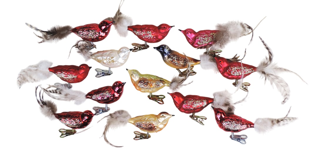 Vintage Christmas Clip-On Bird Ornaments (13), blown glass w/glitter & feathers, Exc cond, depend...: Vintage Christmas Clip-On Bird Ornaments (13), blown glass w/glitter & feathers, Exc cond, depending on tail feather length H 2 x L 6 in.