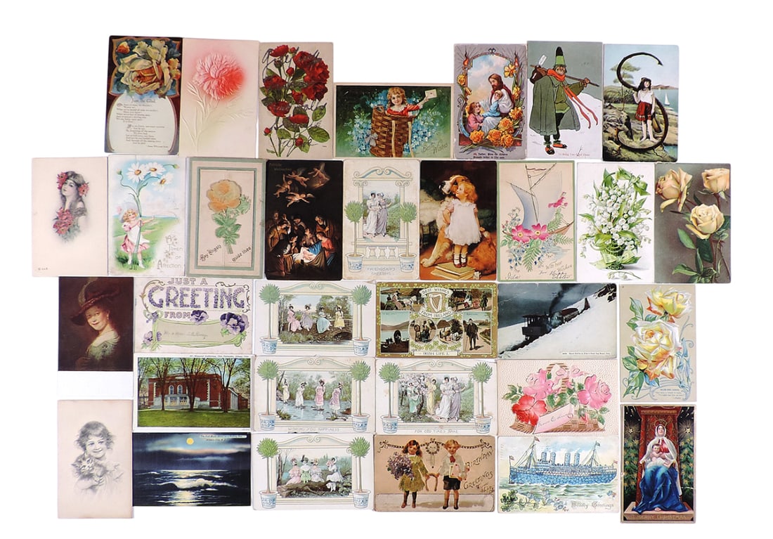 Antique Postcards (32), includes Birthday, Best Wishes, Religious, Scenic, etc., includes 3 by Pu...: Antique Postcards (32), includes Birthday, Best Wishes, Religious, Scenic, etc., includes 3 by Puck, all early 1900's, most in Good to VG cond, H 3.5 x W 5.5 in.