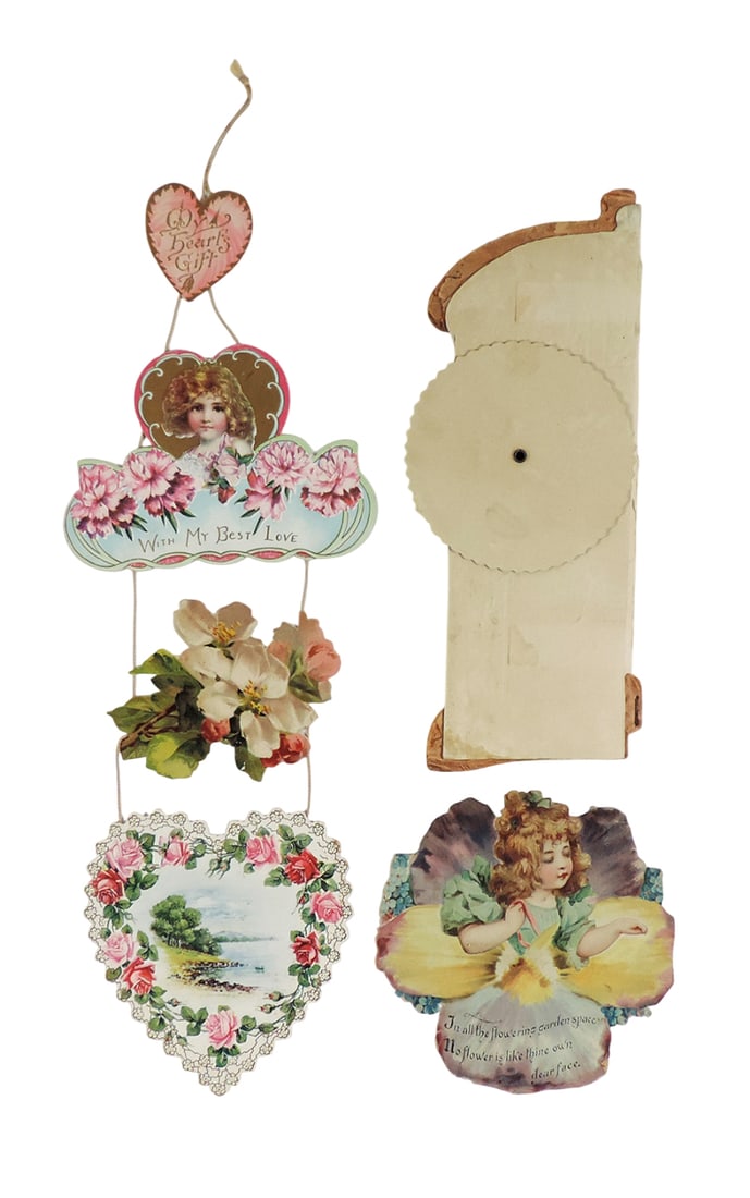 Vintage Valentine's Day Cards (3) "Wheel of Love" honeycomb paper, Cherubic Cupid holding wheel, ...: Vintage Valentine's Day Cards (3) "Wheel of Love" honeycomb paper, Cherubic Cupid holding wheel, diecut girl, "In all the flowering garden space, No Flower is like thine own dear face" & 3-tier/diecut