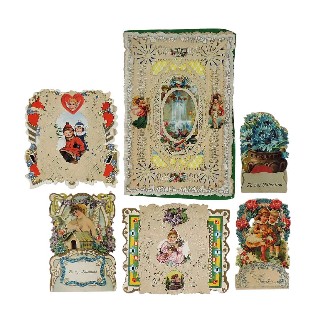 Antique Valentine's Day Pop Up Cards (6), Made in Germany, 3 w/paper lace borders, intricate diecut (1 of 2)