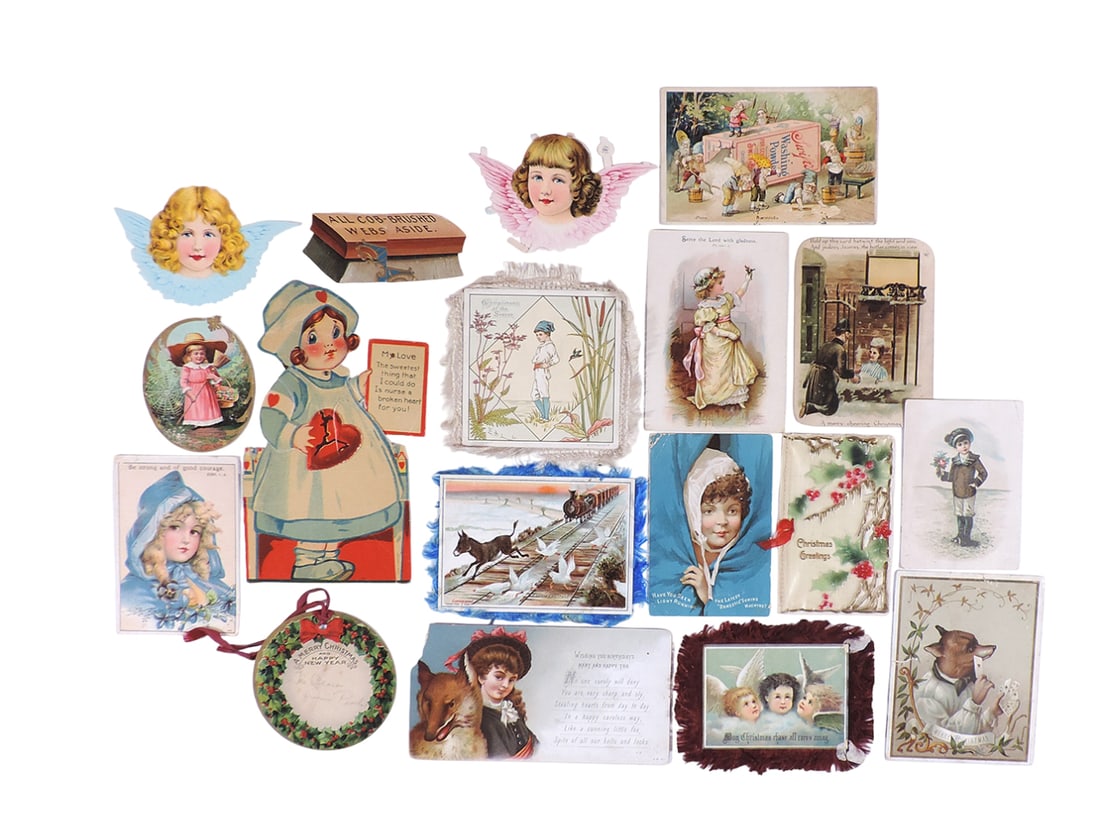 Antique Trade Cards, Mechanical Valentine & Christmas Greetings (18), (one celluloid), all early ...: Antique Trade Cards, Mechanical Valentine & Christmas Greetings (18), (one celluloid), all early 1900's, Good to Exc cond, up to H 7.5 x W 4.25 in.