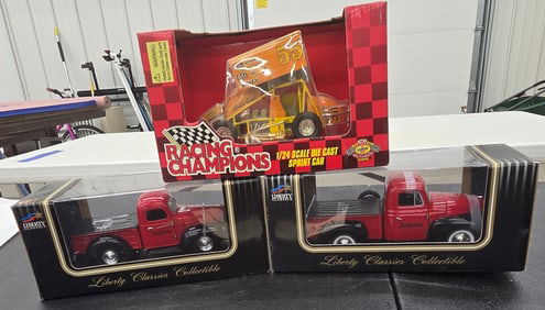 Die Cast Toys. 2 Liberty Classic Pickup Trucks, 1 1/24 scale Sprint Car. All NIB