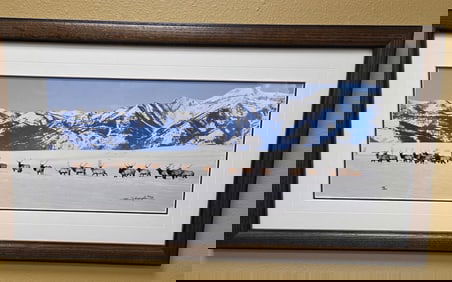 Herd of Elk in the snow. Artist signed Thomas D.Mangelsen