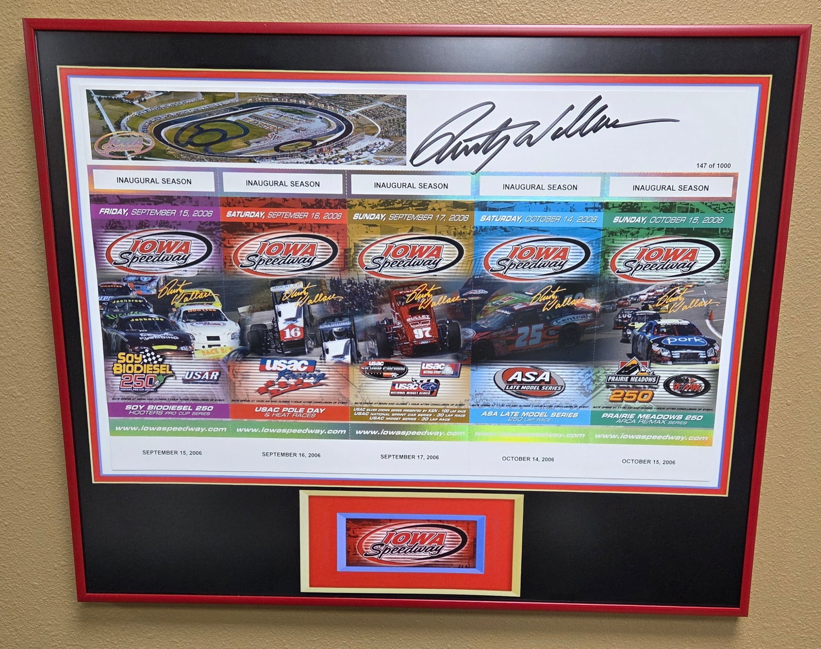 Photo of Iowa Motorsports Speedway Newton Iowa. Signed by Dale Earnhardt: Photo of Iowa Motorsports Speedway Newton Iowa. Signed by Dale Earnhardt. 16 inches high x 21 inches wide'