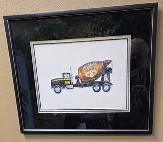 Frame picture of diecast model The Mack R model concrete mixer truck. This model features Unique
