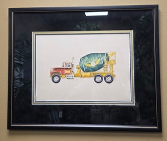 Image of a drawing of a concrete mixer truck with Iowa Barnstormers written on the mixing drum