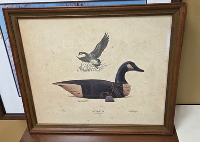 Framed vintage artwork Featuring a Canadian goose. The artwork depicts a goose in flight above a car