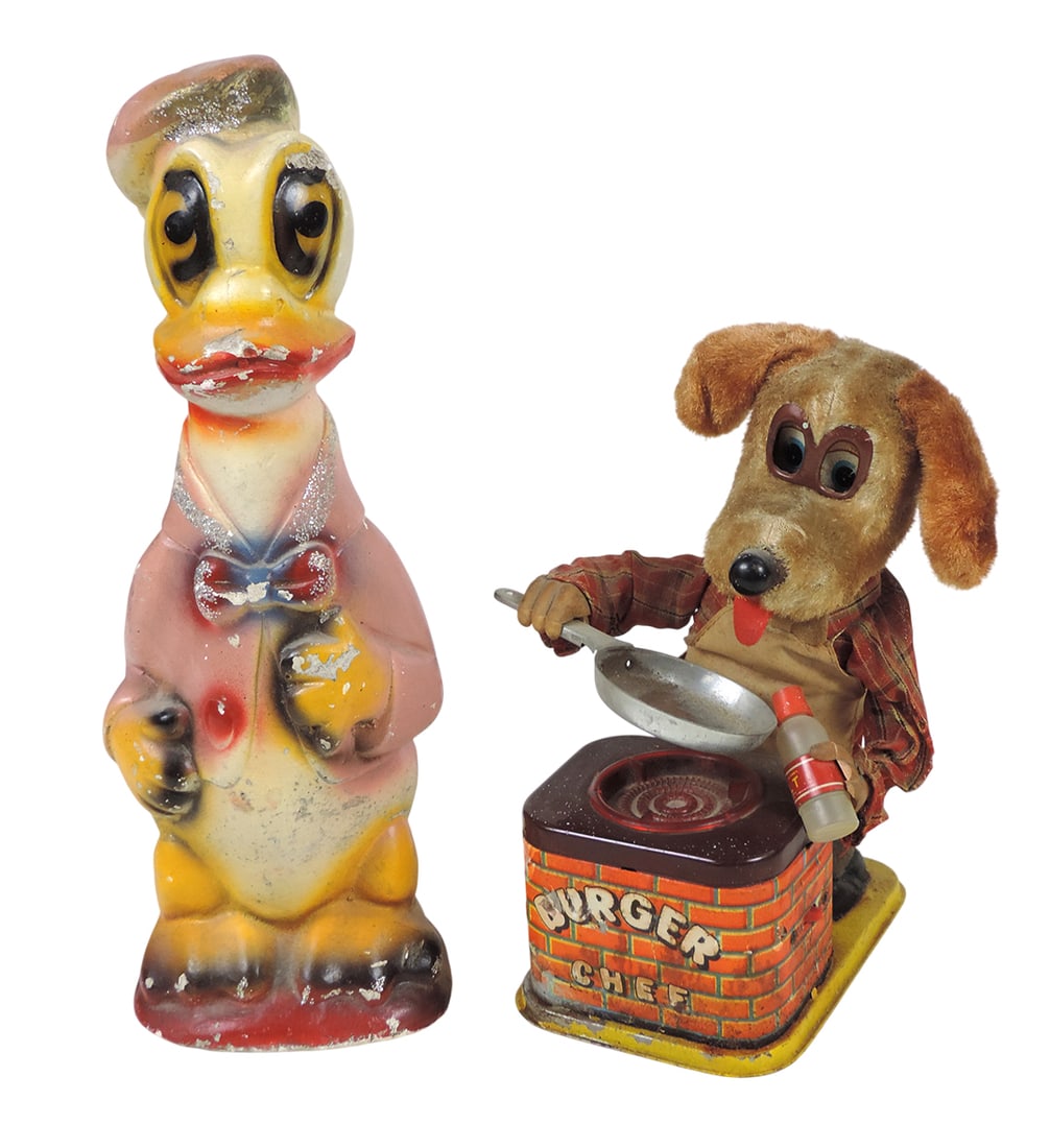 Donald Duck Chalkware & Yonezawa Toys, Japan, battery operated Burger Chef Dog, animated features... (1 of 2)