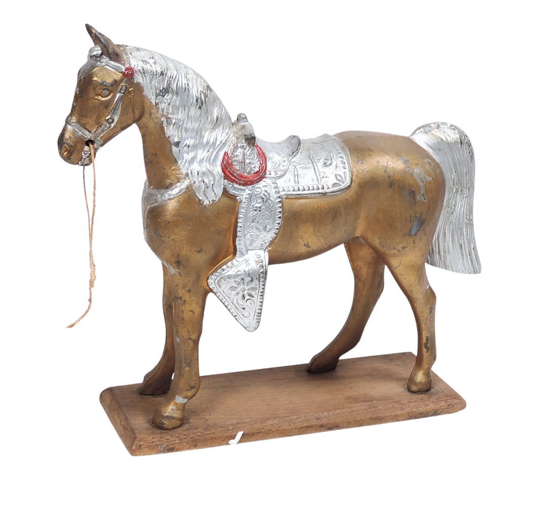 Horse Figurine, cast metal (hollow), gold/silver toned on wooden base, unmarked, c.mid 1900s, com... (1 of 2)