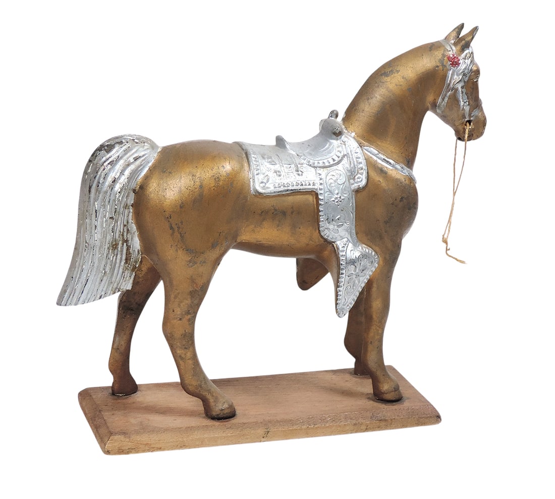 Horse Figurine, cast metal (hollow), gold/silver toned on wooden base, unmarked, c.mid 1900s, com... - 2