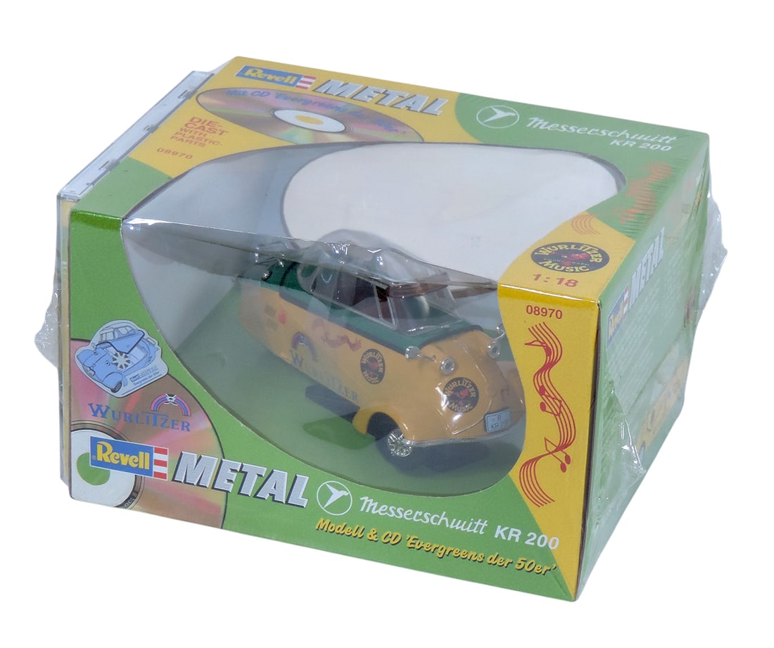Toy Car, Revell Metal, Messerschmitt KR 200, 08970, Scale 1:18, includes CD 'Evergreens de 50er...: Toy Car, Revell Metal, Messerschmitt KR 200, 08970, Scale 1:18, includes CD 'Evergreens de 50er', c.1950's-60's, NIB, H 5 x W 8.25. 