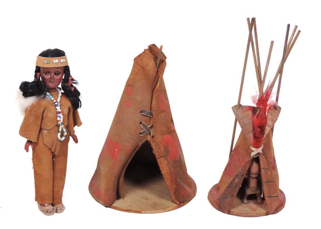 Native American Souvenirs (3), Doll, hard plastic w/sleep eyes In suede outfit, Teepee, leather/w...: Native American Souvenirs (3), Doll, hard plastic w/sleep eyes In suede outfit, Teepee, leather/wooden base/red paint, Pitman's Angels Camp sticker on bottom & Teepee w/wood dowels/red paint, plastic