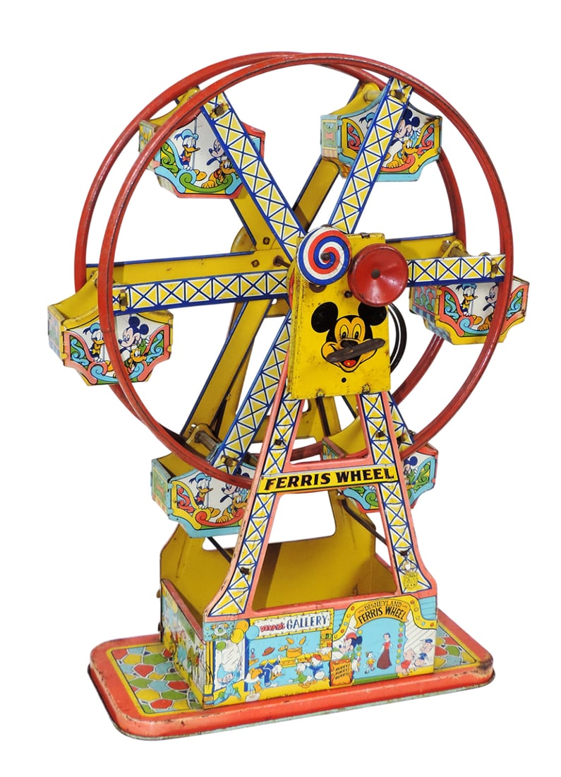 Toy J. Chein & Co. Disneyland Ferris Wheel, litho on tin, mechanical wind-up w/key, non-working...: Toy J. Chein & Co. Disneyland Ferris Wheel, litho on tin, mechanical wind-up w/key, non-working mechanisms, made in USA, litho shows wear/corrosion, copyright Walt Disney Productions, c. early-mid 190
