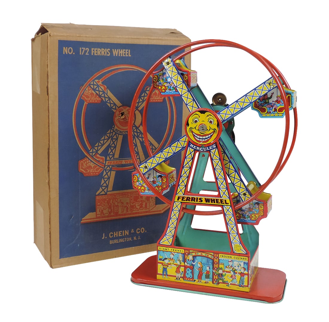 Toy J. Chein & Co., Ferris Wheel, "Hercules", litho on tin mechanical wind-up w/key, working mec...: Toy J. Chein & Co., Ferris Wheel, "Hercules", litho on tin mechanical wind-up w/key, working mechanisms, made in USA, No. 172 Mechanical Ferris Wheel, Made by J. Chein & Co., c. early-mid 1900s, compl