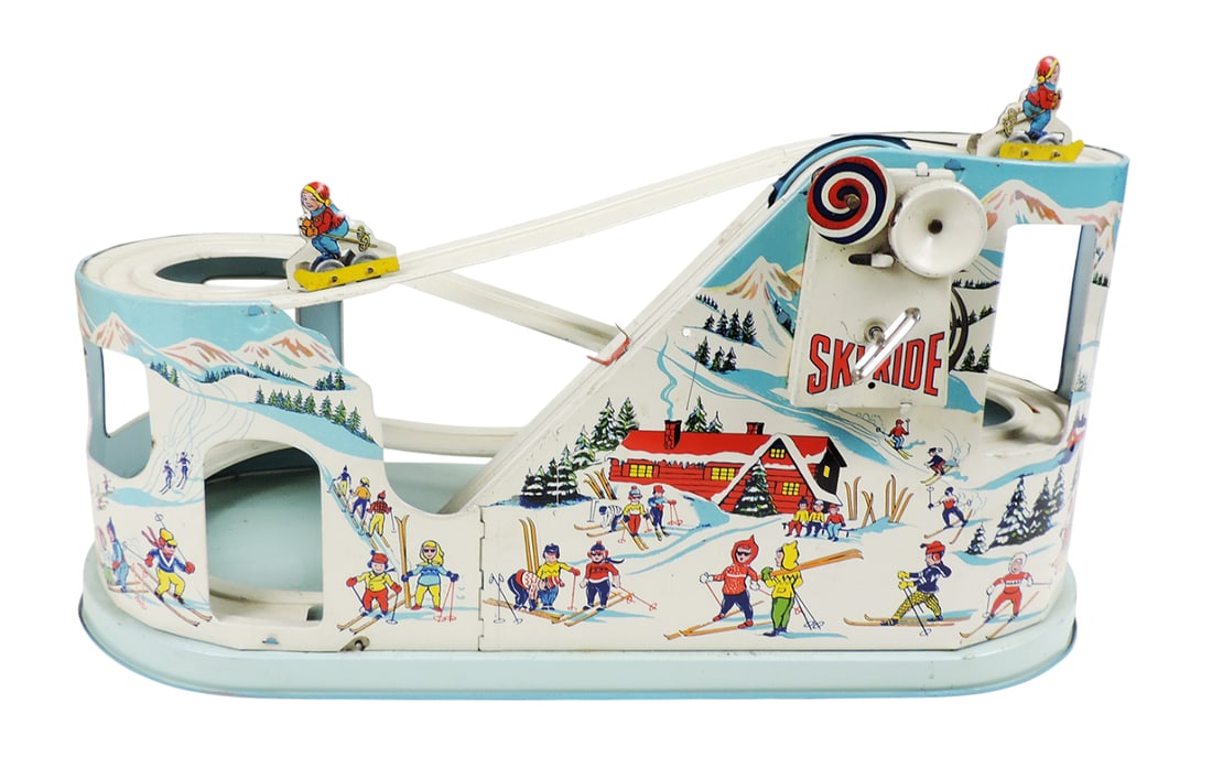 Toy J. Chein & Co., Ski-Ride Roller Coaster, litho on tin mechanical wind-up w/key, complete w/2 ... - 2