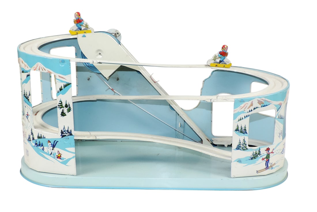 Toy J. Chein & Co., Ski-Ride Roller Coaster, litho on tin mechanical wind-up w/key, complete w/2 ... - 3