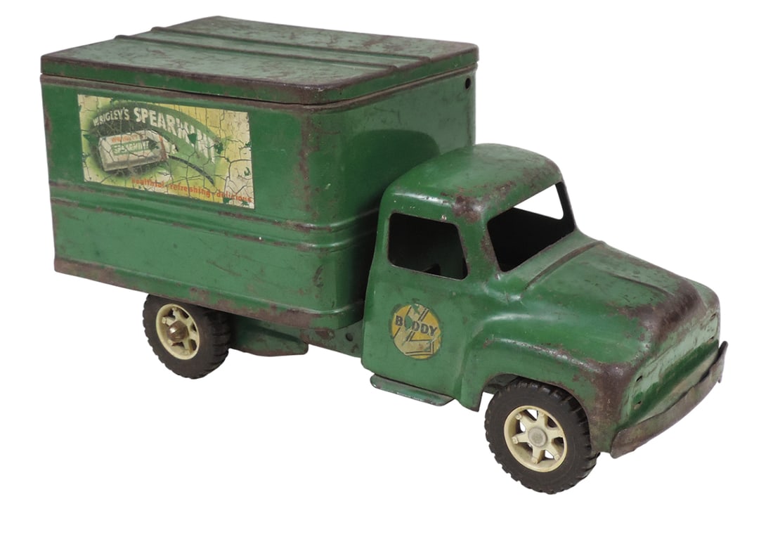 Toy Buddy L Wrigley's Spearmint Chewing Gum truck, healthful-refreshing-delicious, pressed steel,...: Toy Buddy L Wrigley's Spearmint Chewing Gum truck, healthful-refreshing-delicious, pressed steel, front grill is missing, hard plastic tires spin freely, some corrosion but no dents, stickers show