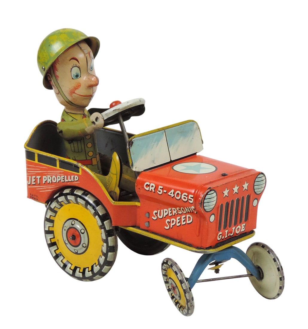 Toy G.I. Joe and His Jouncing Jeep, Unique Art Mfg. Co. litho on tin mechanical wind-up w/key, wo...: Toy G.I. Joe and His Jouncing Jeep, Unique Art Mfg. Co. litho on tin mechanical wind-up w/key, working mechanism w/assistance, GR5-4065 Watch Joe Go, Atomic Brakes, Supersonic Speed, Jet Propelled, PA