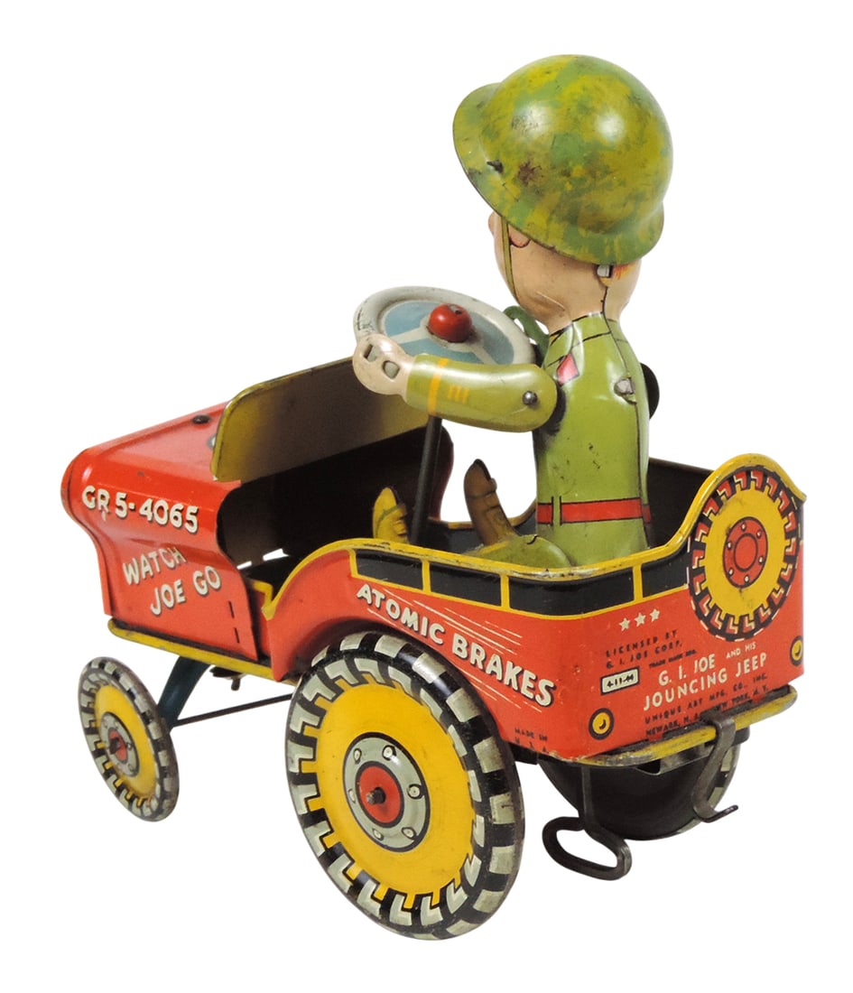 Toy G.I. Joe and His Jouncing Jeep, Unique Art Mfg. Co. litho on tin mechanical wind-up w/key, wo... - 2