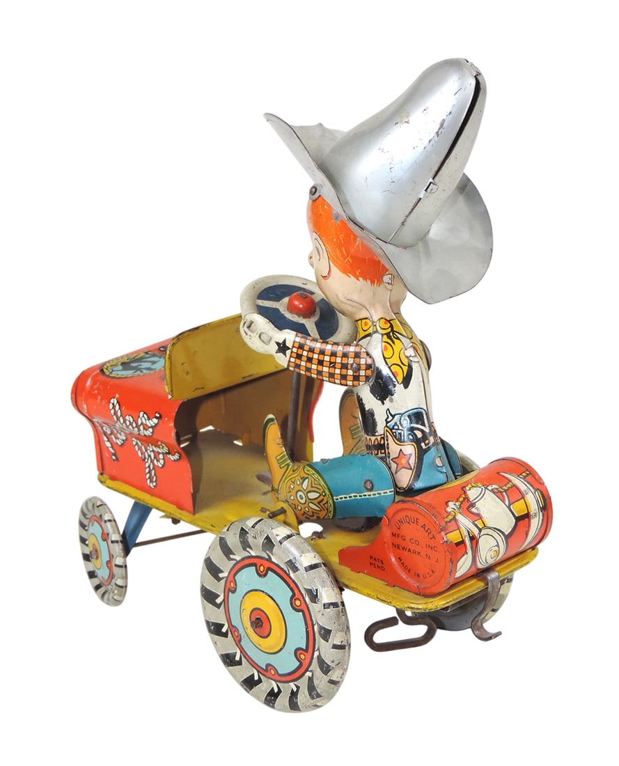Toy Rodeo Joe, litho on tin mechanical wind-up w/key, Unique Art Mfg Co., working mechanism w/ass... - 2