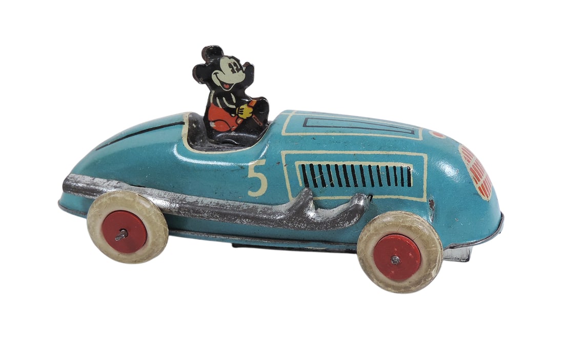Toy Mickey Mouse Race Car, Rare Joseph Schneider litho on tin wind-up w/orig paint & rubber tires...: Toy Mickey Mouse Race Car, Rare Joseph Schneider litho on tin wind-up w/orig paint & rubber tires, (no key), orig tires are solid w/only minor cracking, c.1936, Exc+ cond, L 4 in. 