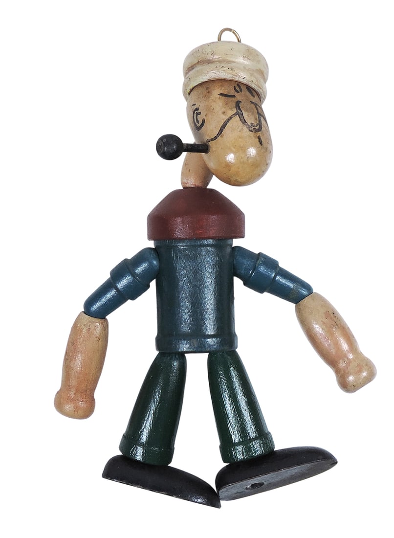 Popeye The Sailor Man Jointed Wood Figure, mfgd by Jaymar, c.1930s, Exc cond w/slight paint wear ...: Popeye The Sailor Man Jointed Wood Figure, mfgd by Jaymar, c.1930s, Exc cond w/slight paint wear (zoom photos for details), H 6 in. 