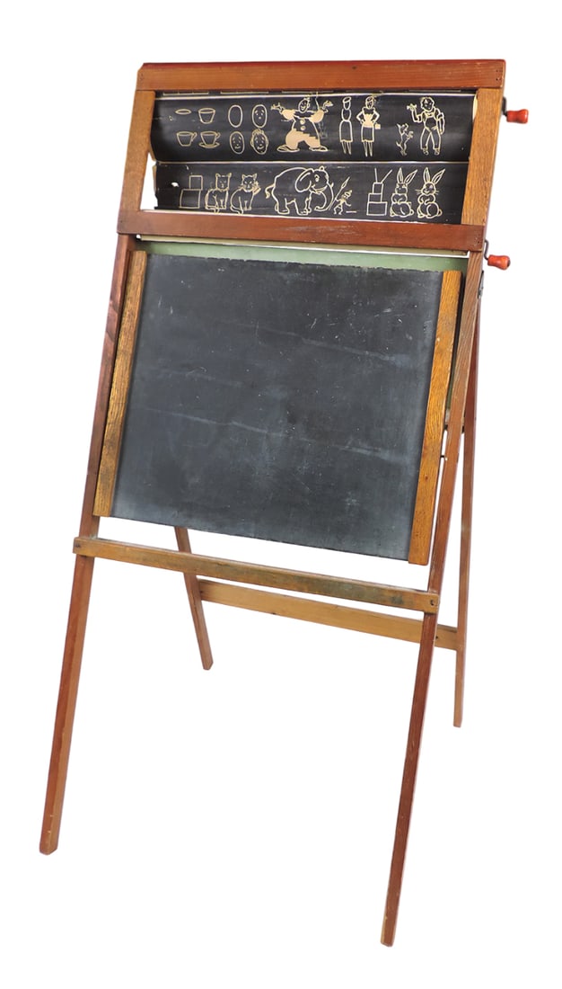 Easel Slate Blackboard w/Rolling Pictures, blackboard folds down to create workable art desk, rol...: Easel Slate Blackboard w/Rolling Pictures, blackboard folds down to create workable art desk, rolling paper shows various educational material/pictures, paper has been taped in a few places