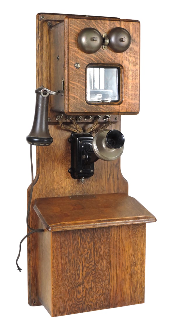 Antique Telephone, oak double-box wall-mount w/beveled glass front compartment, brass plate on lo...: Antique Telephone, oak double-box wall-mount w/beveled glass front compartment, brass plate on lower box reads Chicago Telephone Company, Elkhart, Indiana USA, missing interior mech & ear piece cord