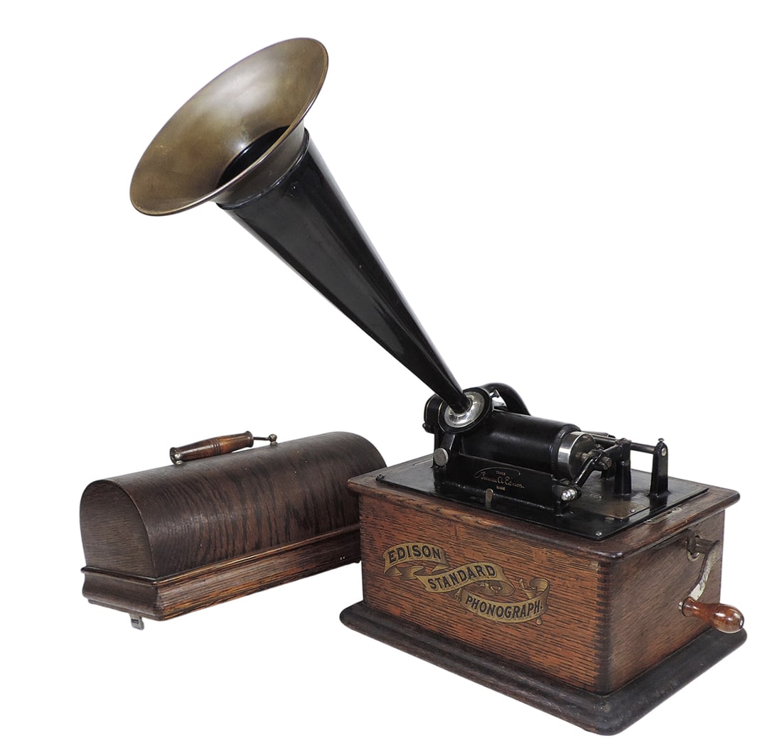 Edison Standard Phonograph & Horn, oak cylinder model, Mfg Under The Patents Of Thomas A. Edison,... (1 of 2)