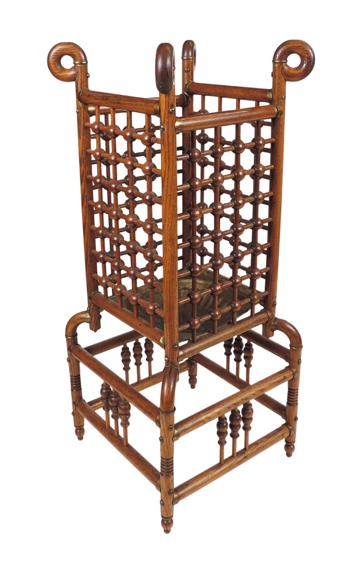 Aesthetic Movement Umbrella Stand, oak w/decorative Stick and Ball design, square wood body w/cur...: Aesthetic Movement Umbrella Stand, oak w/decorative Stick and Ball design, square wood body w/curved & rounded bentwood trim, brass drip pan, metal supports are coated w/a copper/glitter material fini