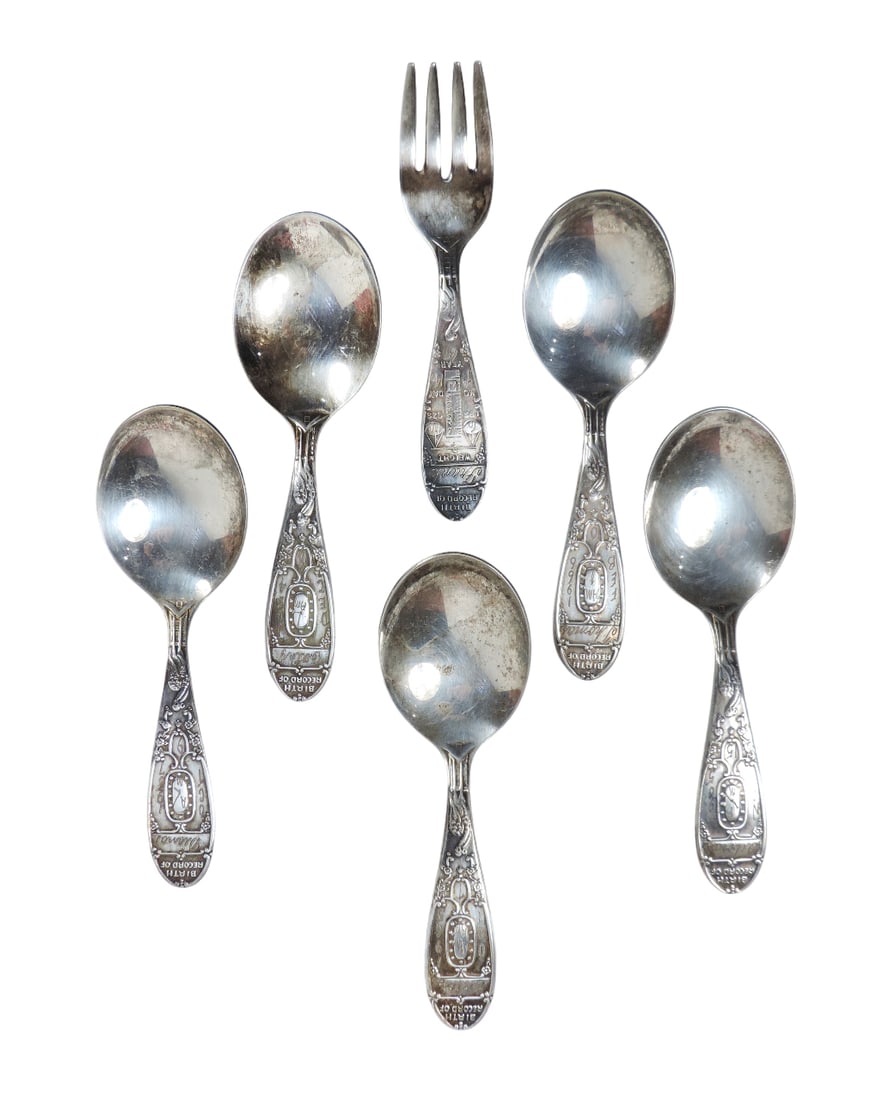 Wm Rogers Birth Record Baby Spoons/Fork (6), silver-plated & designed to commemorate a baby's bir...: Wm Rogers Birth Record Baby Spoons/Fork (6), silver-plated & designed to commemorate a baby's birth, all items have been engraved w/names/dates-all in the 1960s, Exc cond w/minor age-related wear, L