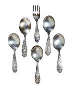 Wm Rogers Birth Record Baby Spoons/Fork (6), silver-plated & designed to commemorate a baby's bir...: Wm Rogers Birth Record Baby Spoons/Fork (6), silver-plated & designed to commemorate a baby's birth, all items have been engraved w/names/dates-all in the 1960s, Exc cond w/minor age-related wear, L
