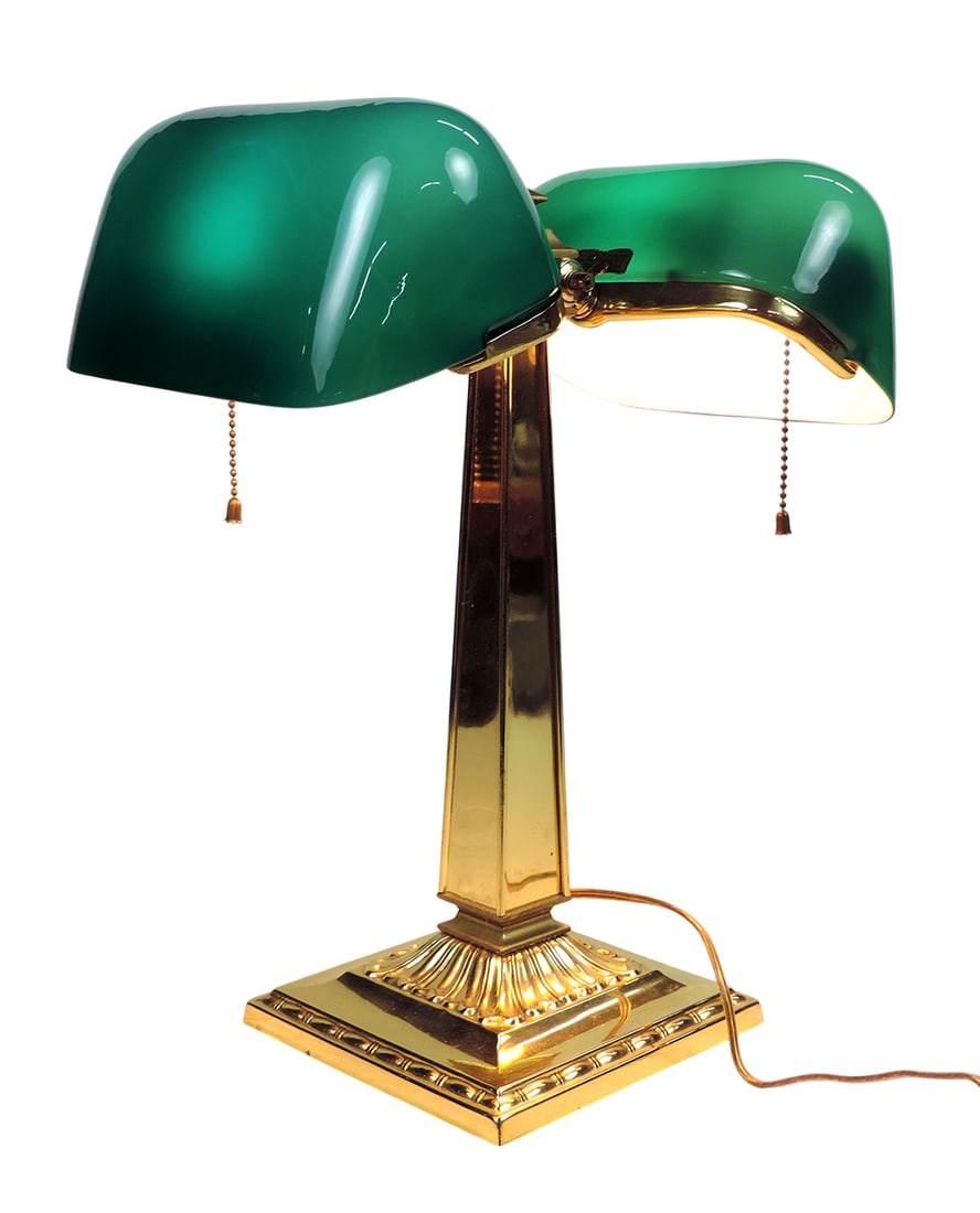 Emeralite Partners Desk Lamp, orig label reads Emeralite No. 8734, PAT'D May 11, 1909-August 15, ...: Emeralite Partners Desk Lamp, orig label reads Emeralite No. 8734, PAT'D May 11, 1909-August 15, 1916, Made in Czechoslovakia, brass base w/green over white cased glass shades, working mechanisms, c.