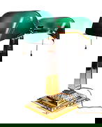 Emeralite Partners Desk Lamp, orig label reads Emeralite No. 8734, PAT'D May 11, 1909-August 15, ...: Emeralite Partners Desk Lamp, orig label reads Emeralite No. 8734, PAT'D May 11, 1909-August 15, 1916, Made in Czechoslovakia, brass base w/green over white cased glass shades, working mechanisms, c.