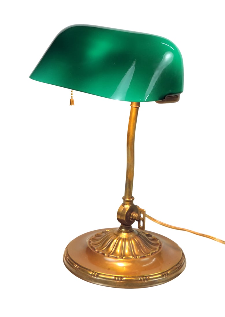 Emeralite Desk Lamp, orig label reads Emeralite No. 8734, PAT'D May 11, 1909, Made in USA, brass ...: Emeralite Desk Lamp, orig label reads Emeralite No. 8734, PAT'D May 11, 1909, Made in USA, brass base w/green over white cased glass shades, working mechanisms, turn keys at base & neck allow for