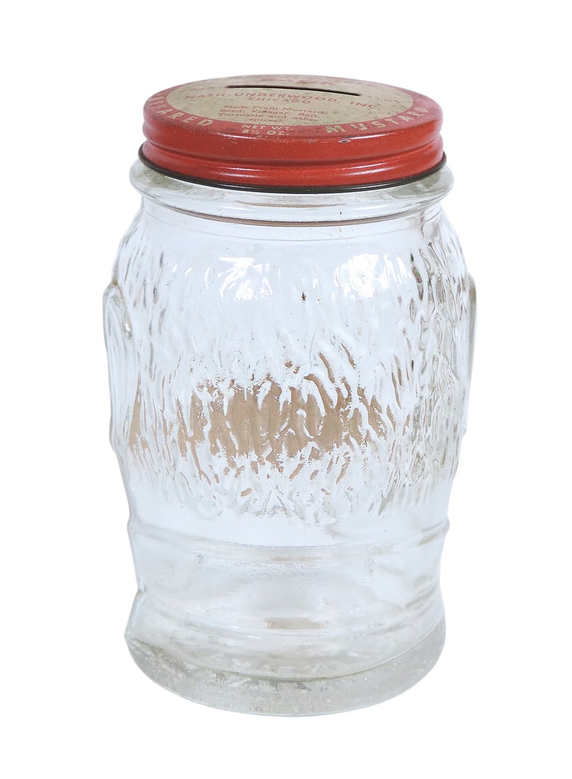 Lucky Joe Bank, Nash's Prepared Mustard, metal/glass, orig paper lips, embossed Patent No 11268...: Lucky Joe Bank, Nash's Prepared Mustard, metal/glass, orig paper lips, embossed Patent No 112688 2 Design, c.1930s, Exc cond, H 4.5 in. 