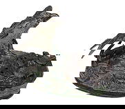 Mechanical Bank, "Birds Nest", J & E Stevens Co., Cromwell, Connecticut, cast iron w/orig paint, ...: Mechanical Bank, "Eagle and Eaglets", J & E Stevens Co., Cromwell, Connecticut, cast iron w/orig paint, snake handle operates the mechanism tipping the parent bird forward & releasing the coin, the