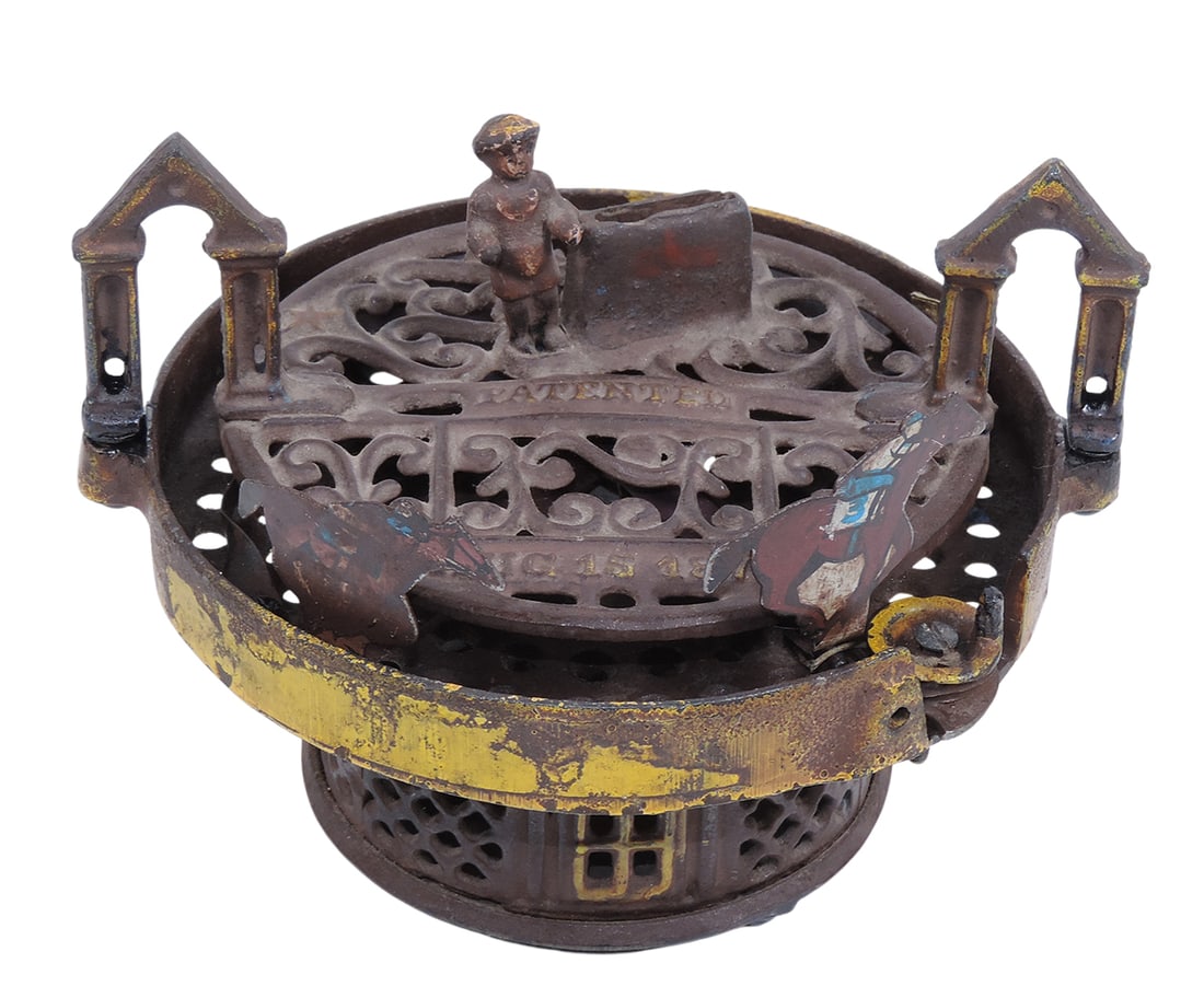 Mechanical Bank, The Race Course, Straight Base variation, cast iron w/tin horses, embossed paten... (1 of 3)