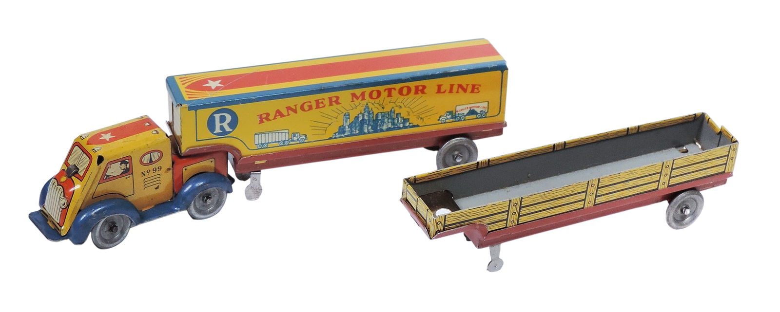 Toys (2), Ranger Motor Line Truck/Trailer, litho on tin wind-up (no key), Mfg by Lindstrom Toy an... (1 of 2)