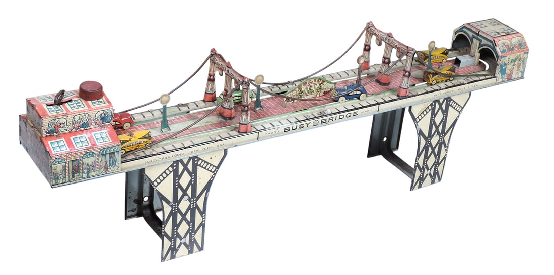 Toy Busy Bridge, Louis Marx & Co., New York-USA, Trade Mark REG.PAT'D PEND'G, orig packaging ... - 2