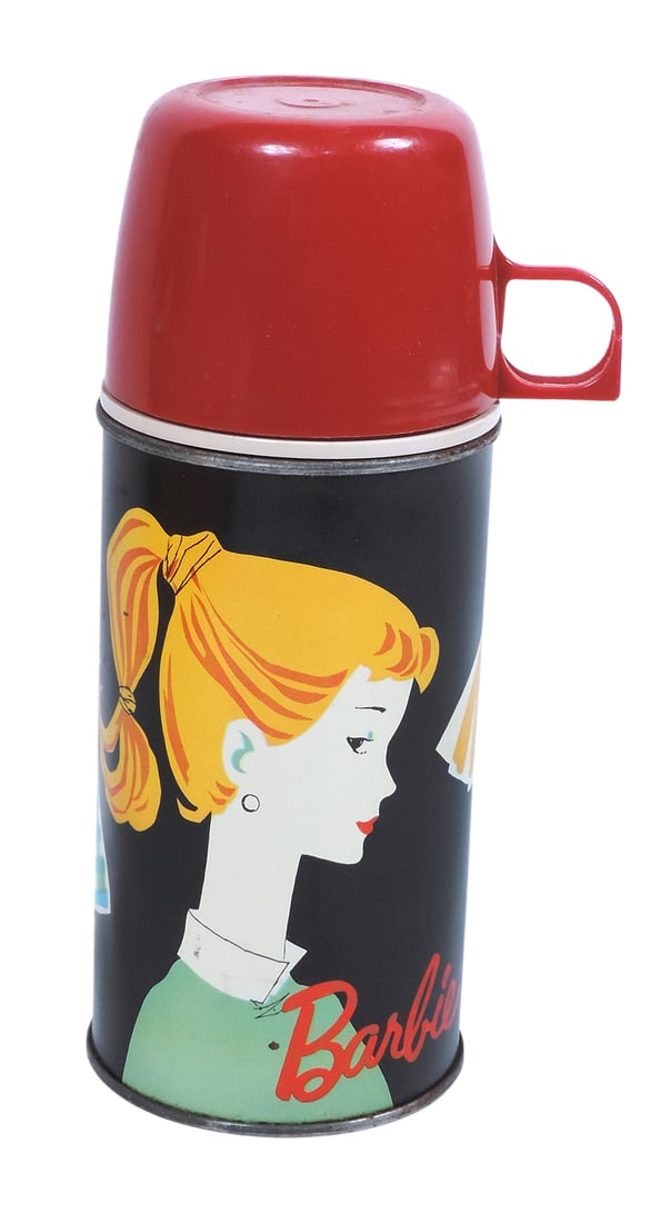 Barbie Thermos, Bottle No. 2025H, ®TM Lic., & ©by Mattel Inc. 1962, embossed 10 oz, Holtem: Barbie Thermos, Bottle No. 2025H, ®TM Lic., & ©by Mattel Inc. 1962, embossed 10 oz, Holtemp cup 22A65 Stopper 722 Filler 20F, slight corrosion on seam, inside thermos lining has a couple
